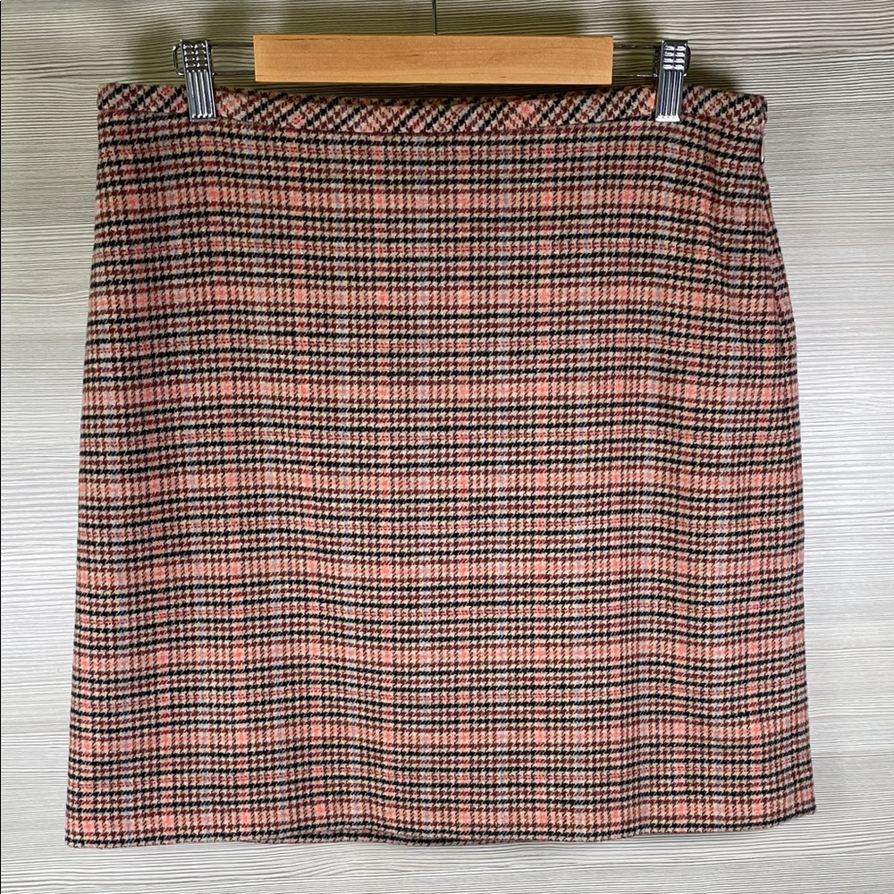Talbots Pink Black Rust Blue Plaid Wool Blend A-Line Skirt | 12 Petite